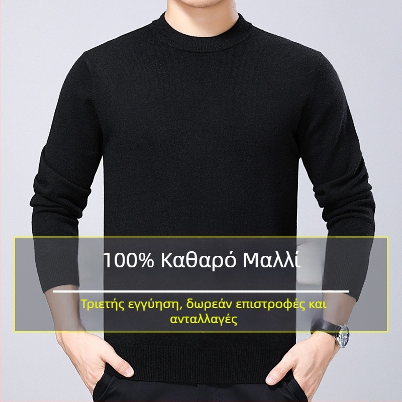 Ανδρικό πουλόβερ από 100% μαλλί, χοντρή πλέξη, με στρογγυλό λαιμό, χειμερινό