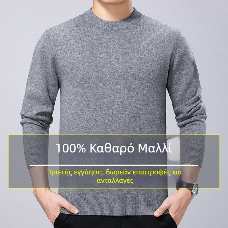 Ανδρικό πουλόβερ από 100% μαλλί, χοντρή πλέξη, με στρογγυλό λαιμό, χειμερινό