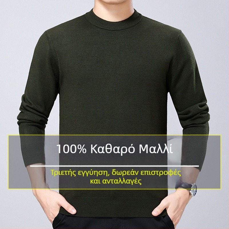 Ανδρικό πουλόβερ από 100% μαλλί, χοντρή πλέξη, με στρογγυλό λαιμό, χειμερινό