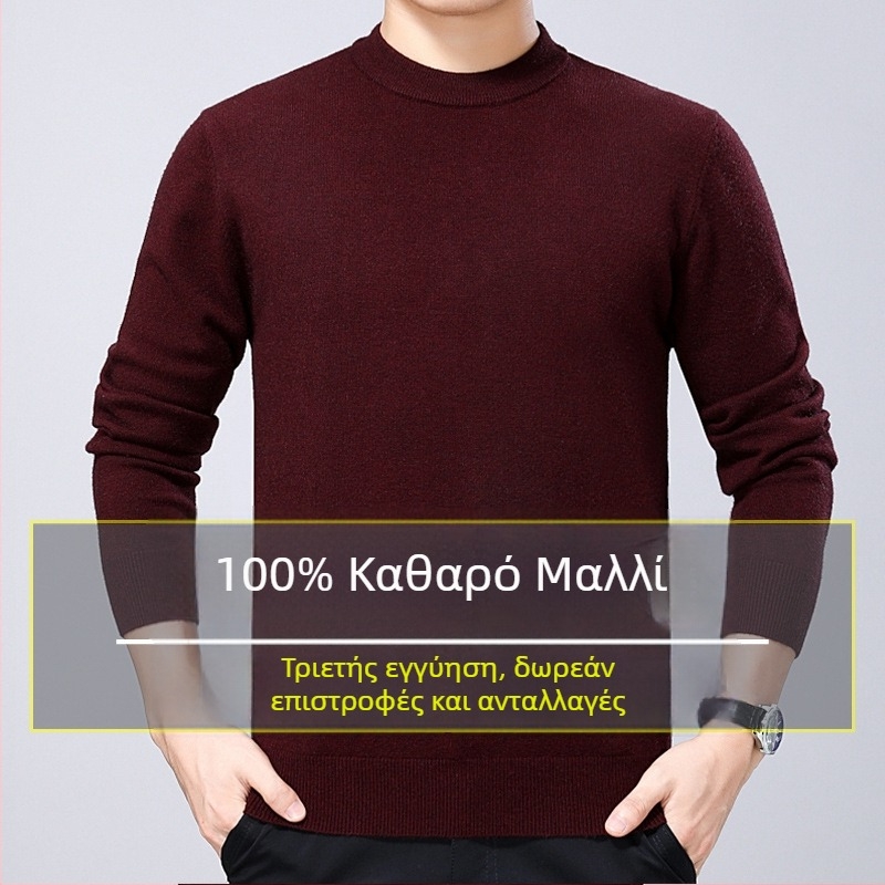 Ανδρικό πουλόβερ από 100% μαλλί, χοντρή πλέξη, με στρογγυλό λαιμό, χειμερινό