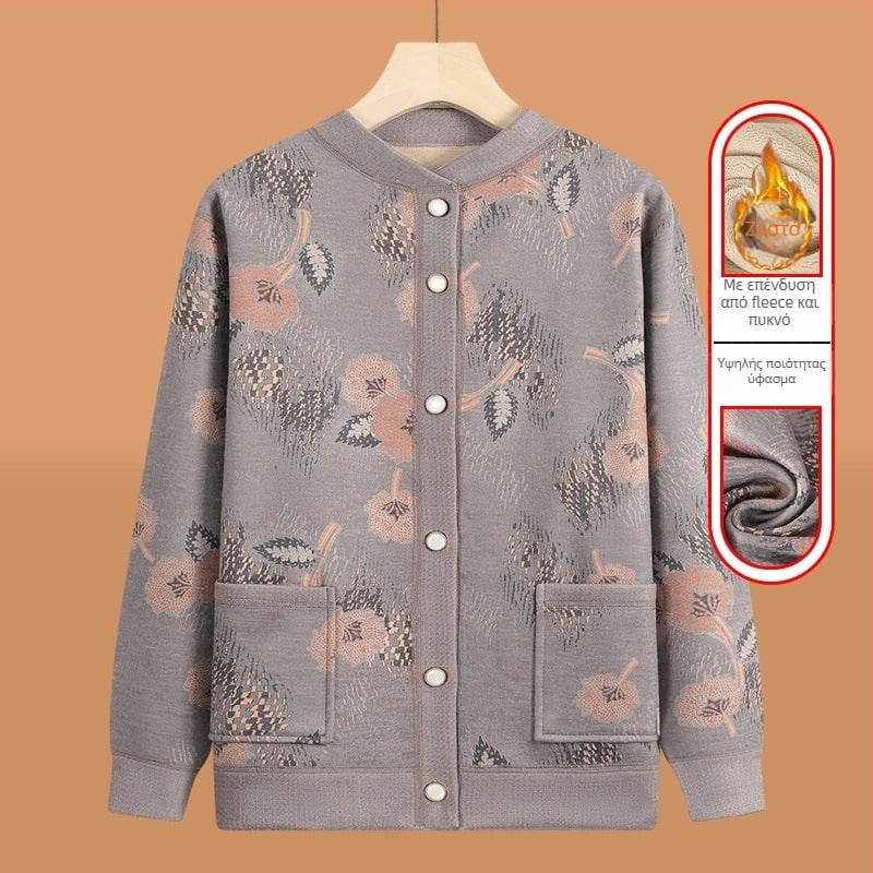 Πλεκτή ζακέτα για ηλικιωμένες με fleece επένδυση, για τον χειμώνα, πολυεστερικό ύφασμα >95%, V-λαιμό, μακριά μανίκια, καθημερινό στυλ