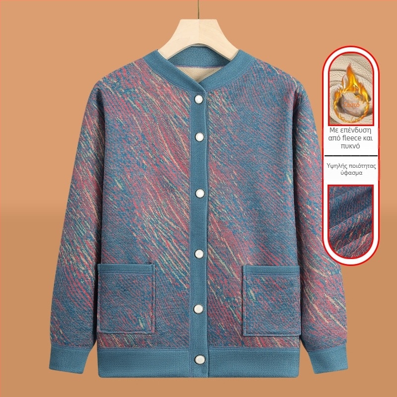 Πλεκτή ζακέτα για ηλικιωμένες με fleece επένδυση, για τον χειμώνα, πολυεστερικό ύφασμα >95%, V-λαιμό, μακριά μανίκια, καθημερινό στυλ