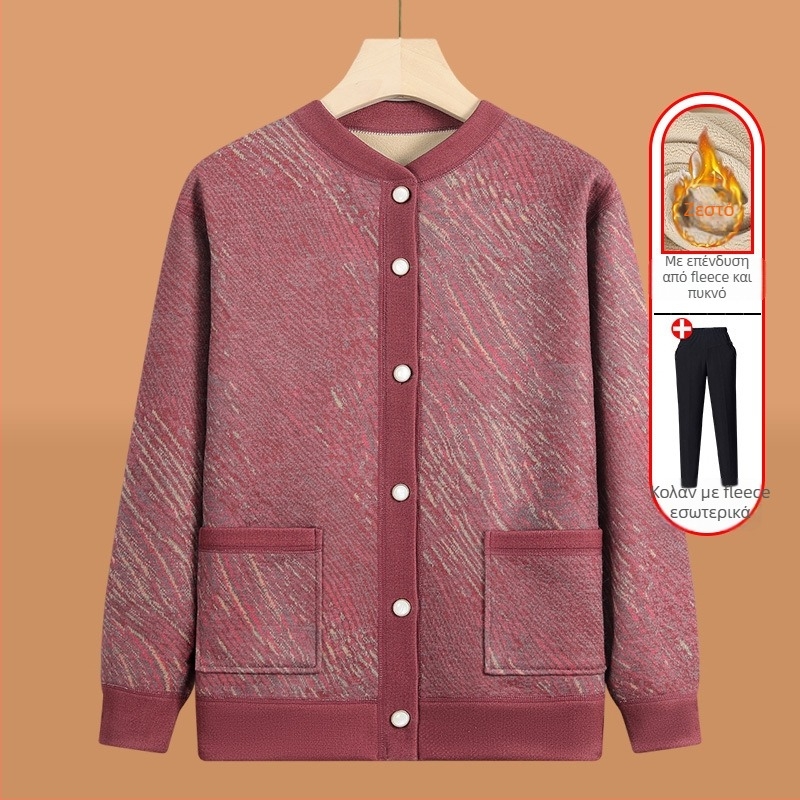 Πλεκτή ζακέτα για ηλικιωμένες με fleece επένδυση, για τον χειμώνα, πολυεστερικό ύφασμα >95%, V-λαιμό, μακριά μανίκια, καθημερινό στυλ