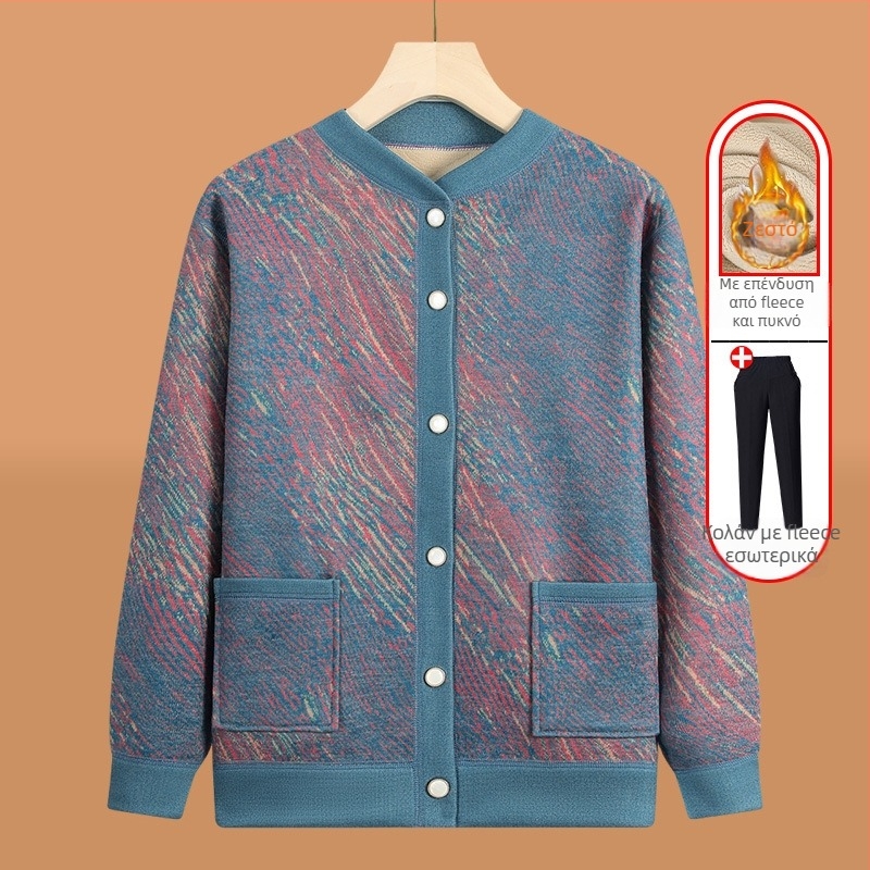 Πλεκτή ζακέτα για ηλικιωμένες με fleece επένδυση, για τον χειμώνα, πολυεστερικό ύφασμα >95%, V-λαιμό, μακριά μανίκια, καθημερινό στυλ