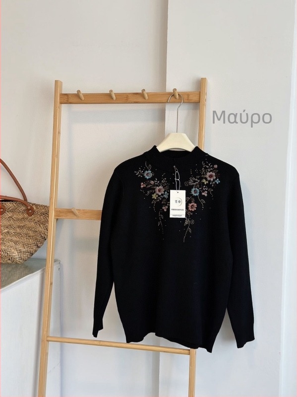 Γυναικεία πλεκτή μπλούζα με κέντημα, φλοράλ μοτίβο, μισή λαιμόκοψη, μακριά μανίκια, πολυεστερ-ελαστάνη ύφασμα