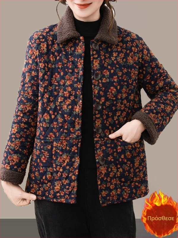 Γυναικείο καπιτονέ μπουφάν με επένδυση φλίς, φλοράλ μοτίβο, μανίκια 3/4, φθινοπωρινό 2025