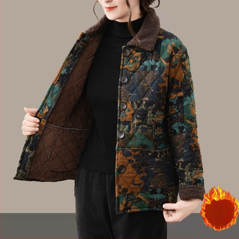 Γυναικείο καπιτονέ μπουφάν με επένδυση φλίς, φλοράλ μοτίβο, μανίκια 3/4, φθινοπωρινό 2025