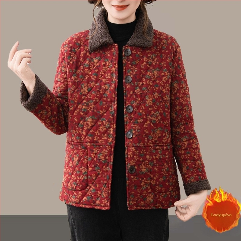 Γυναικείο καπιτονέ μπουφάν με επένδυση φλίς, φλοράλ μοτίβο, μανίκια 3/4, φθινοπωρινό 2025