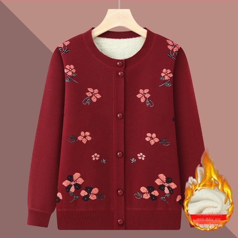 Χειμερινή ζακέτα για ηλικιωμένες — φλις επένδυση από πολυεστέρα, μακριά μανίκια, φαρδιά γραμμή, κουμπί κλείσιμο