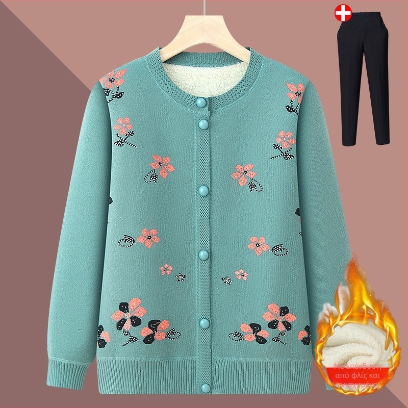 Χειμερινή ζακέτα για ηλικιωμένες — φλις επένδυση από πολυεστέρα, μακριά μανίκια, φαρδιά γραμμή, κουμπί κλείσιμο