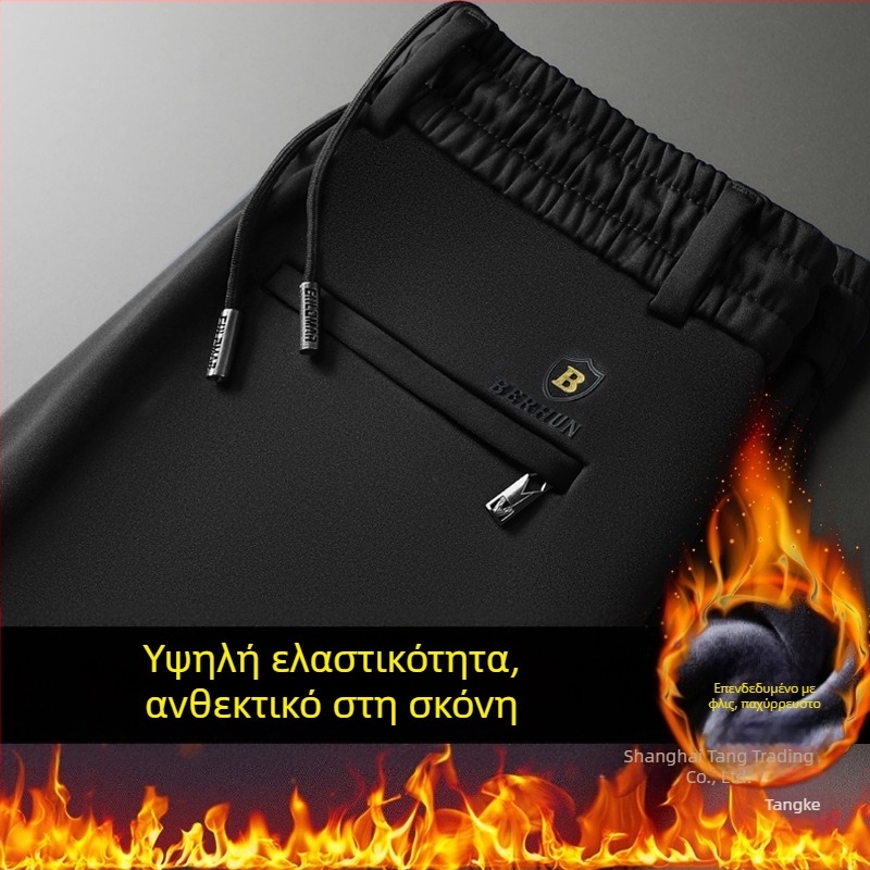 Ανδρικά καθημερινά παντελόνια με ίσια γραμμή, επενδυμένα με φλίς, χοντρά, υψηλή μέση, χειμερινό μοντέλο (ίνες μπαμπού + πολυεστέρας, υψηλή ελαστικότητα)