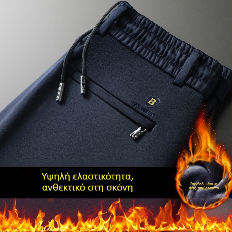 Ανδρικά καθημερινά παντελόνια με ίσια γραμμή, επενδυμένα με φλίς, χοντρά, υψηλή μέση, χειμερινό μοντέλο (ίνες μπαμπού + πολυεστέρας, υψηλή ελαστικότητα)