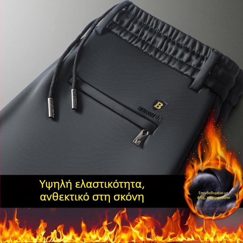 Ανδρικά καθημερινά παντελόνια με ίσια γραμμή, επενδυμένα με φλίς, χοντρά, υψηλή μέση, χειμερινό μοντέλο (ίνες μπαμπού + πολυεστέρας, υψηλή ελαστικότητα)
