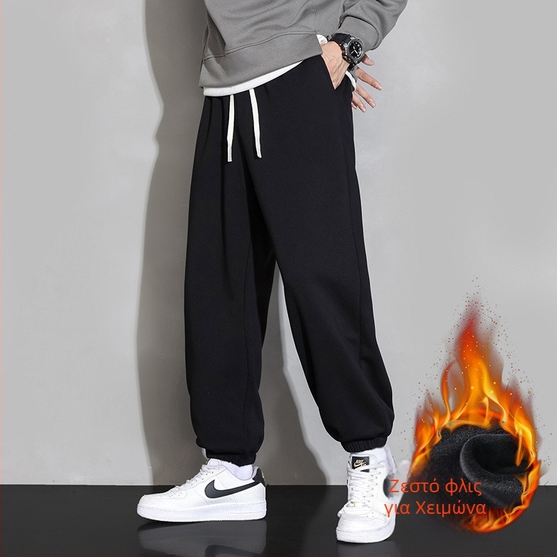 Ανδρικά αθλητικά παντελόνια με φλίς εσωτερική επένδυση, ίσια γραμμή, μεσαία μέση, βαμβακερό ύφασμα, καθημερινή χρήση