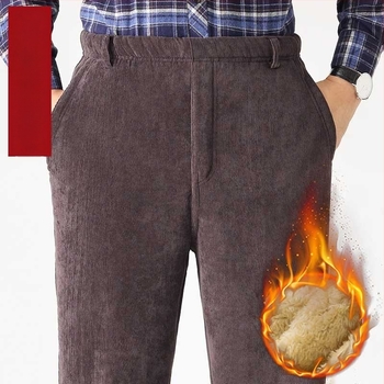 Ανδρικά χειμωνιάτικα παντελόνια από corduroy με επένδυση φλίς, ίσιο κόψιμο, ψηλή μέση, με ζώνη