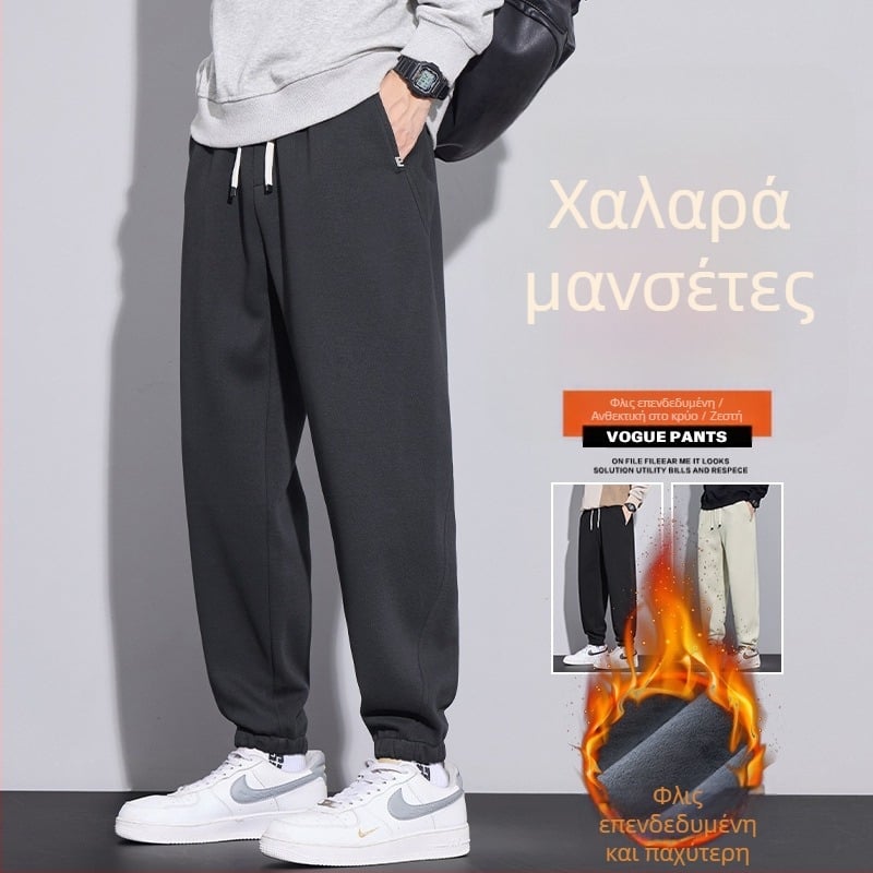 Ανδρικά χειμωνιάτικα παντελόνια cargo jogger με φλίς επένδυση, βαμβάκι 65,5%, ελαστική μέση, χαλαρή γραμμή