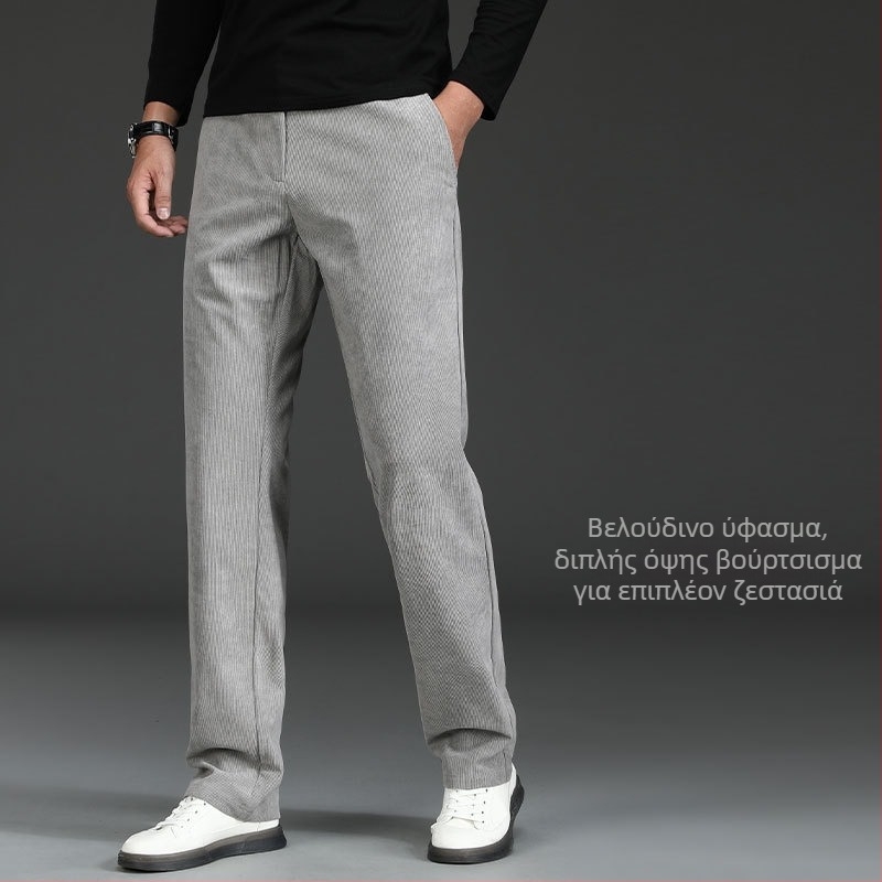 Corduroy ανδρικά παντελόνια σε business casual στυλ, φθινοπωρινά/χειμερινά, υψηλή μέση, ευθεία γραμμή, φερμουάρ