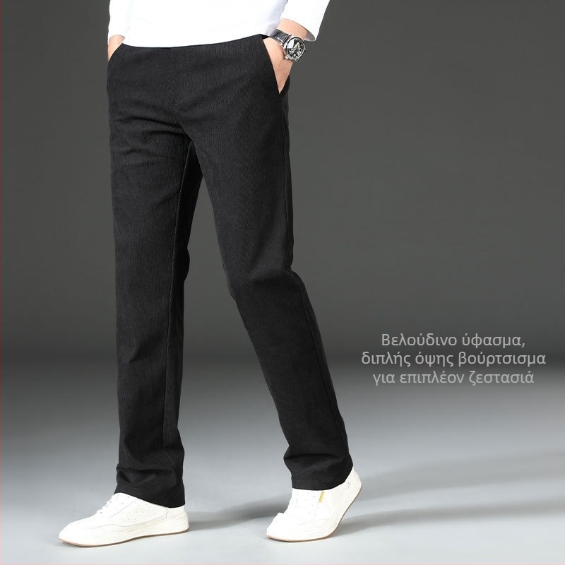 Corduroy ανδρικά παντελόνια σε business casual στυλ, φθινοπωρινά/χειμερινά, υψηλή μέση, ευθεία γραμμή, φερμουάρ