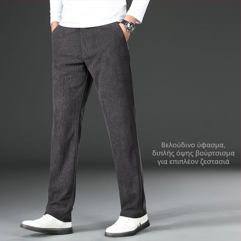 Corduroy ανδρικά παντελόνια σε business casual στυλ, φθινοπωρινά/χειμερινά, υψηλή μέση, ευθεία γραμμή, φερμουάρ