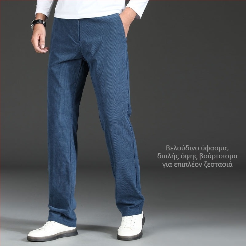 Corduroy ανδρικά παντελόνια σε business casual στυλ, φθινοπωρινά/χειμερινά, υψηλή μέση, ευθεία γραμμή, φερμουάρ