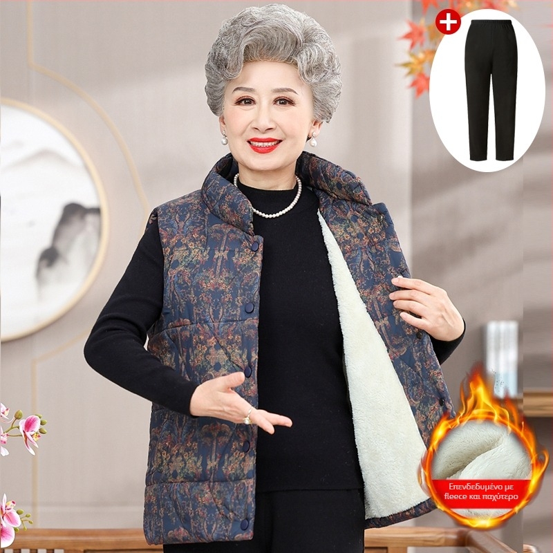 Γιλέκο χωρίς μανίκια για ηλικιωμένες γυναίκες, φθινοπωρινό 2025 – όρθιος γιακάς, PVC ύφασμα, μονόχρωμο, Κινέζικο στυλ