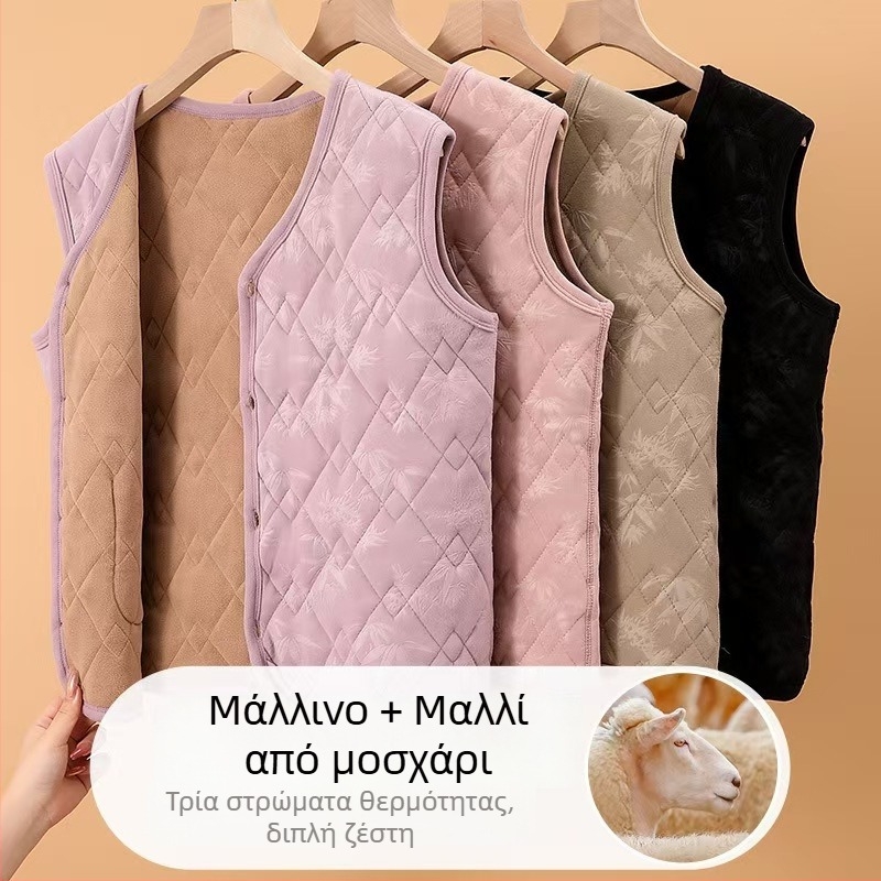 Γυναικεία γιλέκο με κινεζικό στιλ για τον χειμώνα 2025, γερμανικός φλις, 80–90% πολυεστέρας, λογοτεχνικό ρετρό ύφος.