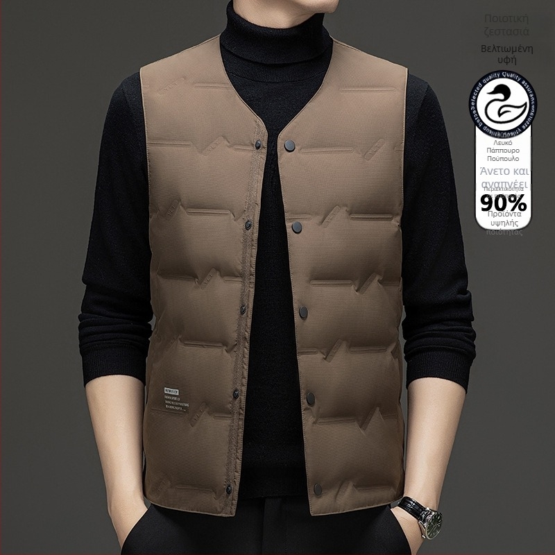 Ανδρικό γιλέκο με down πούπουλα, V-λαιμό, παχύ για φθινοπωρινό-χειμερινό, 86–90% πούπουλα, επένδυση πολυεστέρα