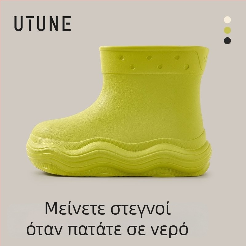 Γυναικείες αδιάβροχες μπότες βροχής για όλες τις εποχές, EVA επάνω μέρος, μεσαίου ύψους shaft, αντιολισθητική μαλακή EVA σόλα, αύξηση ύψους 3–5 εκ