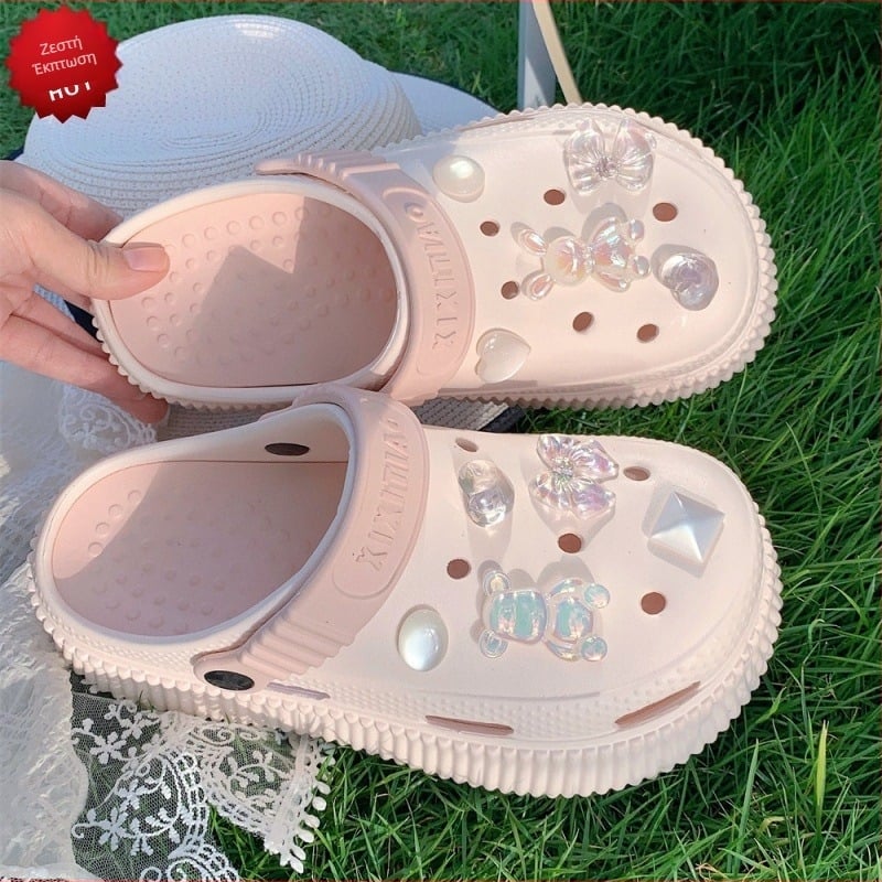 Γυναικεία PVC διατρήτα σανδάλια με κρύσταλλα σε σχέδιο αρκούδας, καρτούν μοτίβο, αντιολισθητική σόλα