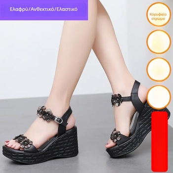 Γυναικείες σανδάλια από γνήσιο δέρμα, με άνοιγμα δαχτύλου, τακούνι κλινοειδές πάνω από 8 εκ, παχιά πλατφόρμα, επένδυση από μικροϊνες, άνω μέρος από πρώτο και δεύτερο στρώμα δέρματος