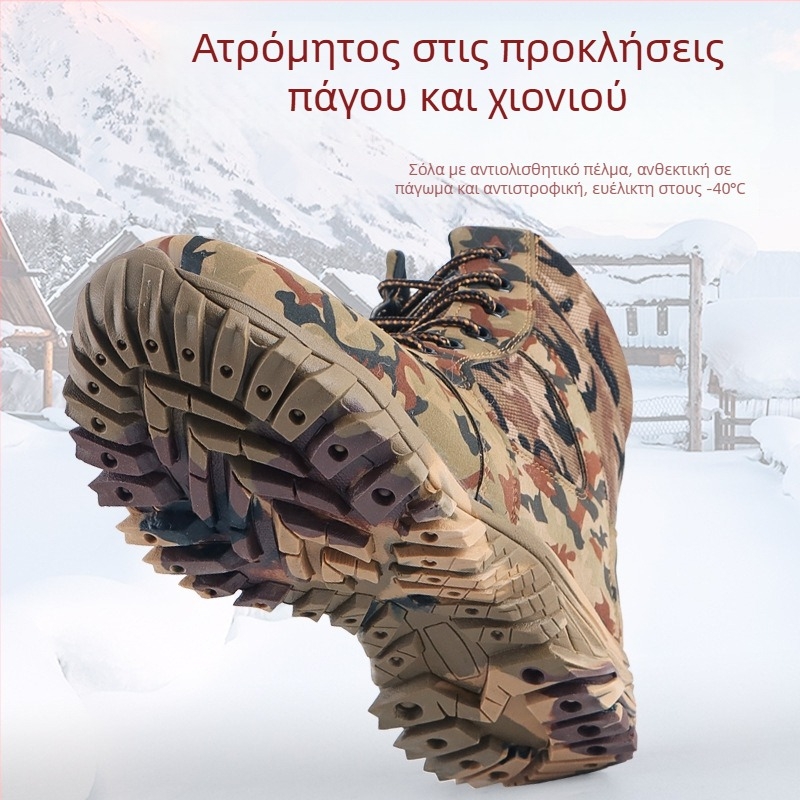 Ανδρικά χοντρά μποτάκια χιονιού με fleece επένδυση, υψηλό άνω μέρος από microfiber leather + καμβά, καμουφλάζ, αδιάβροτα