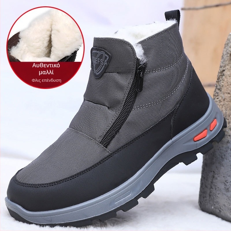 Ανδρικές χειμωνιάτικες παντόφλες από βαμβακερό ύφασμα, γούνινη επένδυση, φαρδιά PU σόλα, φερμουάρ