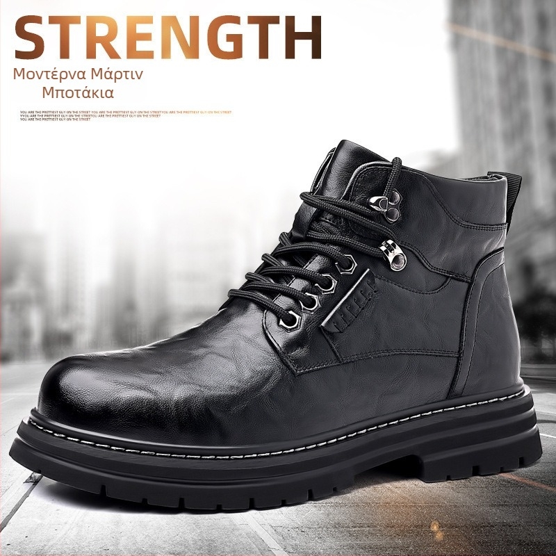 Ανδρικά μποτάκια Martin Boots — υψηλός κορμός δερμάτινα μποτάκια με παχιά σόλα καουτσούκ, επένδυση από μαλλί-κάσμιρ, κλείσιμο με κορδόνι στο μπροστινό μέρος, αδιάβροχα και αντιολισθητικά, χειμερινό vintage στυλ