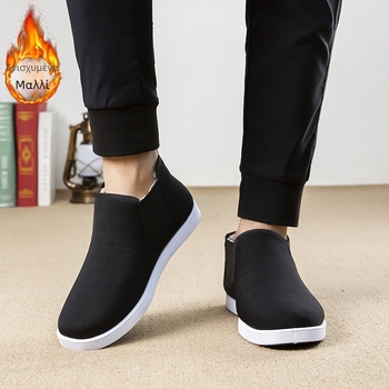 Ανδρικές υψηλές βαμβακερές παντόφλες για τον χειμώνα, με επένδυση φλίς, παχείς, αντιολισθητική σόλα από καουτσούκ, οικιακά παπούτσια