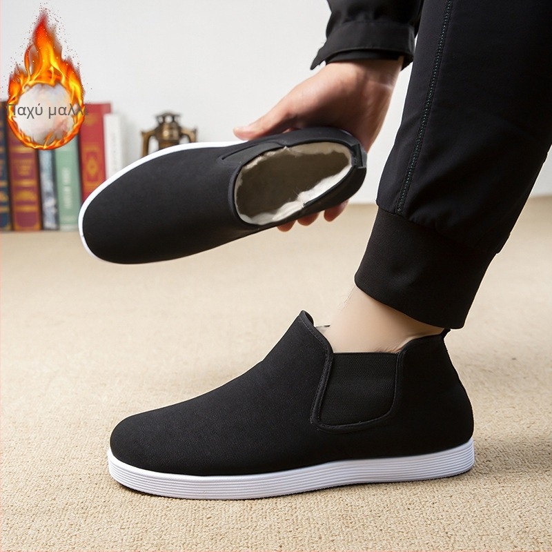 Ανδρικές υψηλές βαμβακερές παντόφλες για τον χειμώνα, με επένδυση φλίς, παχείς, αντιολισθητική σόλα από καουτσούκ, οικιακά παπούτσια