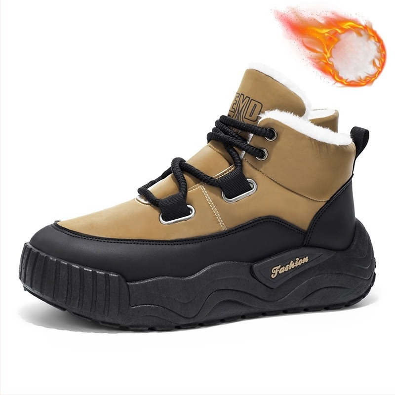 Ανδρικά μποτάκια χιονιού με δερμάτινο και αδιάβροχο επάνω μέρος, αντιολισθητική καουτσούκ σόλα, εσωτερικό με φλίς, χαμηλό τακούνι 1–3 cm