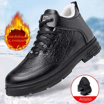 Ανδρικά ψηλά δερμάτινα μποτάκια για τον χειμώνα με επένδυση γούνας και πάτο από shearling (Άνω: Δέρμα, Υψηλός shaft, Καουτσούκ σόλα, Κούμπωμα με κορδόνια, Χαμηλός τετράγωνος τακούνι)