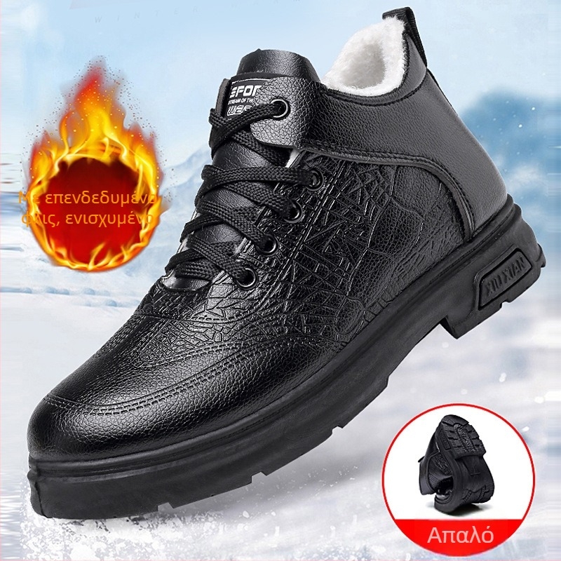 Ανδρικά ψηλά δερμάτινα μποτάκια για τον χειμώνα με επένδυση γούνας και πάτο από shearling (Άνω: Δέρμα, Υψηλός shaft, Καουτσούκ σόλα, Κούμπωμα με κορδόνια, Χαμηλός τετράγωνος τακούνι)