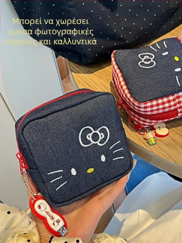 Dot κεντημένη γατούλα καλλυντική τσάντα, μικρού τετράγωνου σχήματος καμβάς, στυλ κινουμένων σχεδίων, ελαφριά και κατάλληλη για αποθήκευση