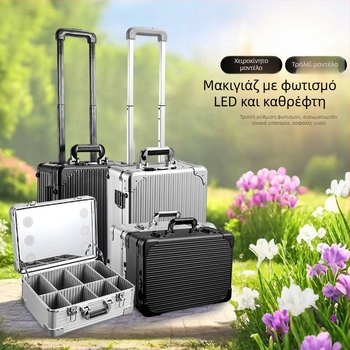 Κιβώτιο μακιγιάζ με φωτισμό και καθρέπτη από tempered γυαλί, EVA κατασκευή, φορητός τροχός, κλείδωμα με κλειδί, Braunberg