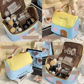 Τσαντάκι καλλυντικών με μεγάλο χώρο, υλικό PU, μοτίβο γραμμάτων, χωριστές θήκες, φορητός ταξιδιωτικός οργανωτής