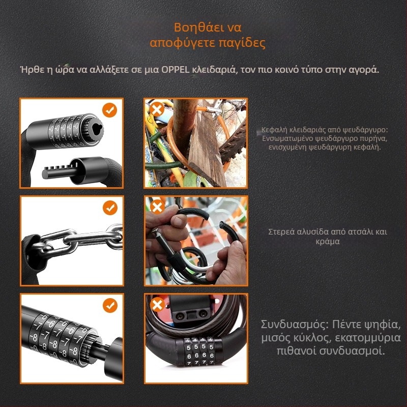 OPEL κράμα χάλυβα πενταψήφιο κλείδωμα αλυσίδας για ποδήλατο – αδιάβροχο, μοντέλο JTS-LT-C-6-1000