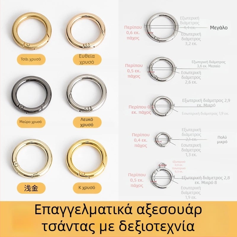 Μεταλλικά εξαρτήματα για τσάντες: δαχτυλίδια, αγκράφες, γάντζοι, ελατήρια δαχτυλιδιών και συνδετικά δαχτυλίδια