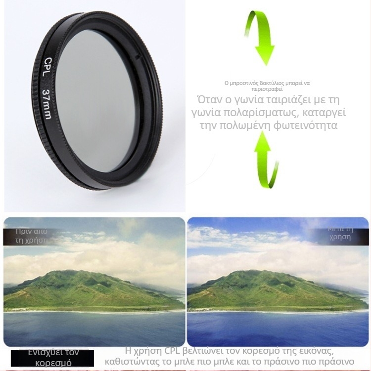 CPL πολωτικό φίλτρο για γενικούς φακούς και DSLR — χωρίς παραμόρφωση, λήψεις υψηλής ευκρίνειας
