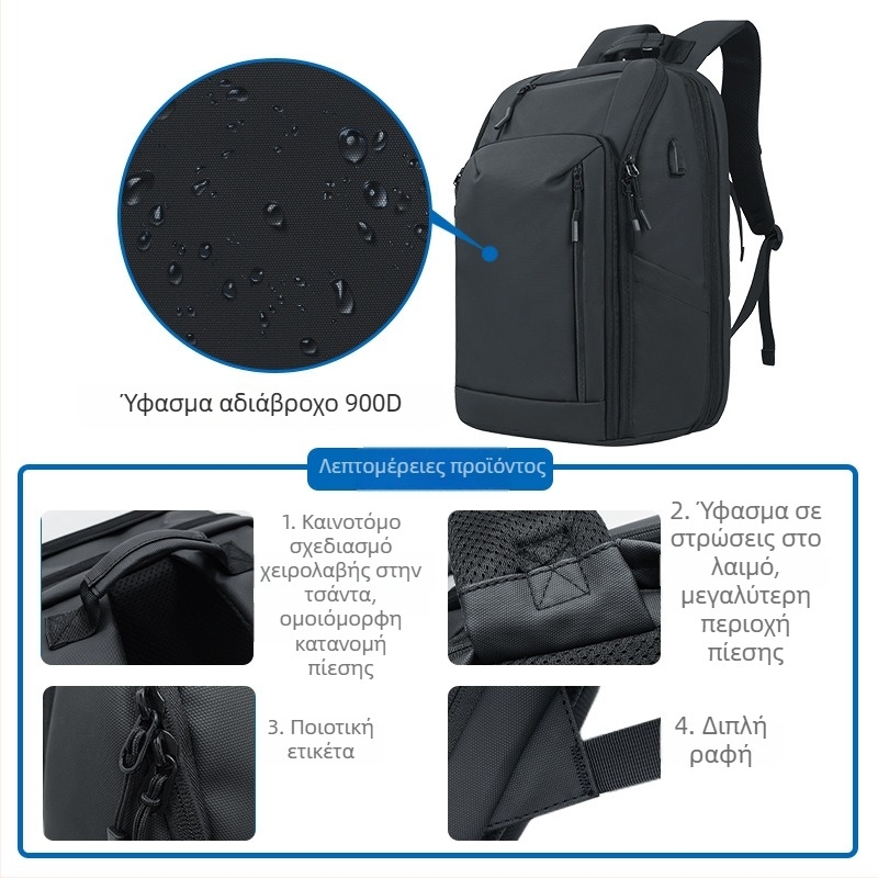 Kingslong πολύ-λειτουργικό επαγγελματικό σακίδιο, επεκτεινόμενο και αδιάβροχο, χωρά 16 ιντσών φορητό υπολογιστή. Υλικό: PU. Σύστημα ιμάνων ώμου: καμπύλες.