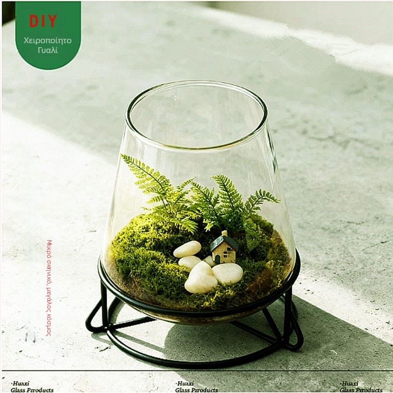 Terrarium με βρύα και παχύφυτα – μικρο-τοπίο σε διαφανή γυάλινη φιάλη, για τοποθέτηση, συσκευασία από χαρτόνι, έτοιμο για δώρο