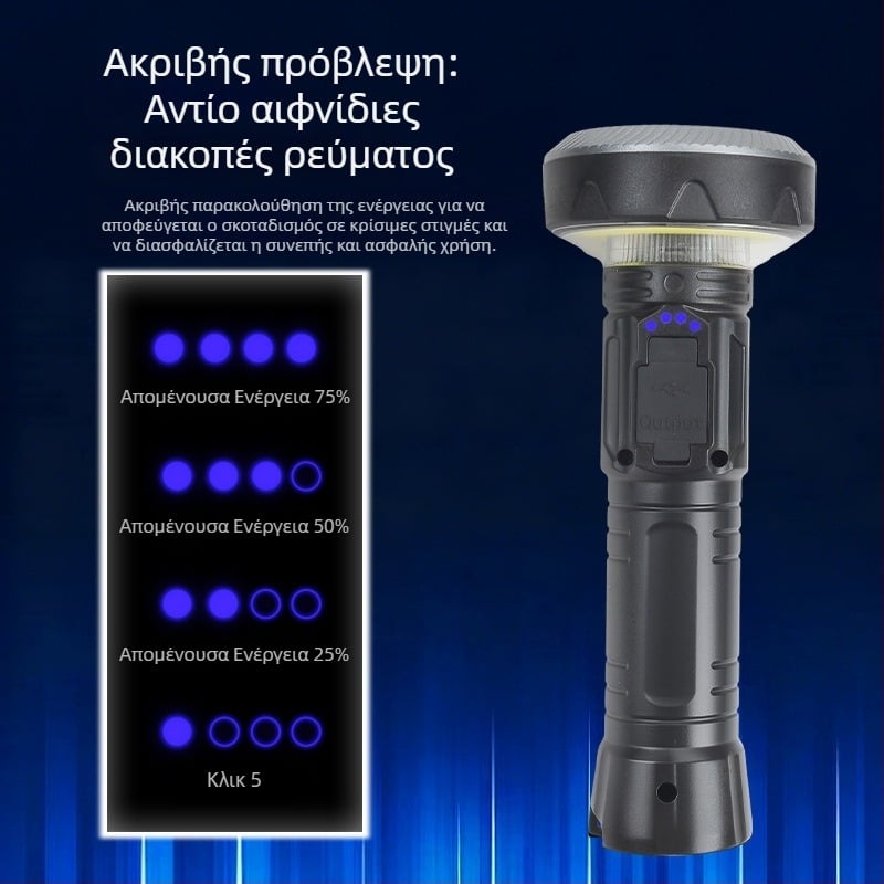 Φακός χειρός JB-8+1 σειρά με 360° δέσμη, 5000 lm μέγιστο, IP65 αδιάβροχο, επαναφορτιζόμενο 3.7V 1200mAh 18650, 10W