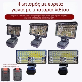 Φωτιστικό εργασίας LED για μπαταρία λιθίου, συμβατό με υποδοχές Dayi/Makita, 12–24V, IP55, γωνία δέσμης 270°