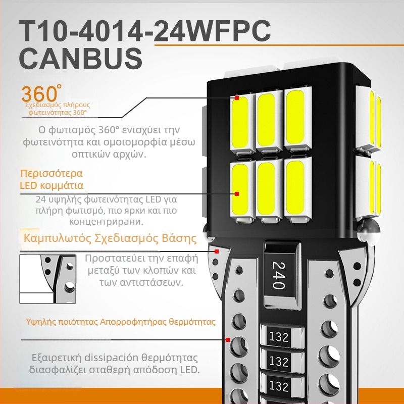 Τ10 LED φως αυτοκινήτου με 4014 SMD, 12V DC, 2.4W, Canbus, Φωτισμός πλάτους/ανάγνωσης/πινακίδας κυκλοφορίας
