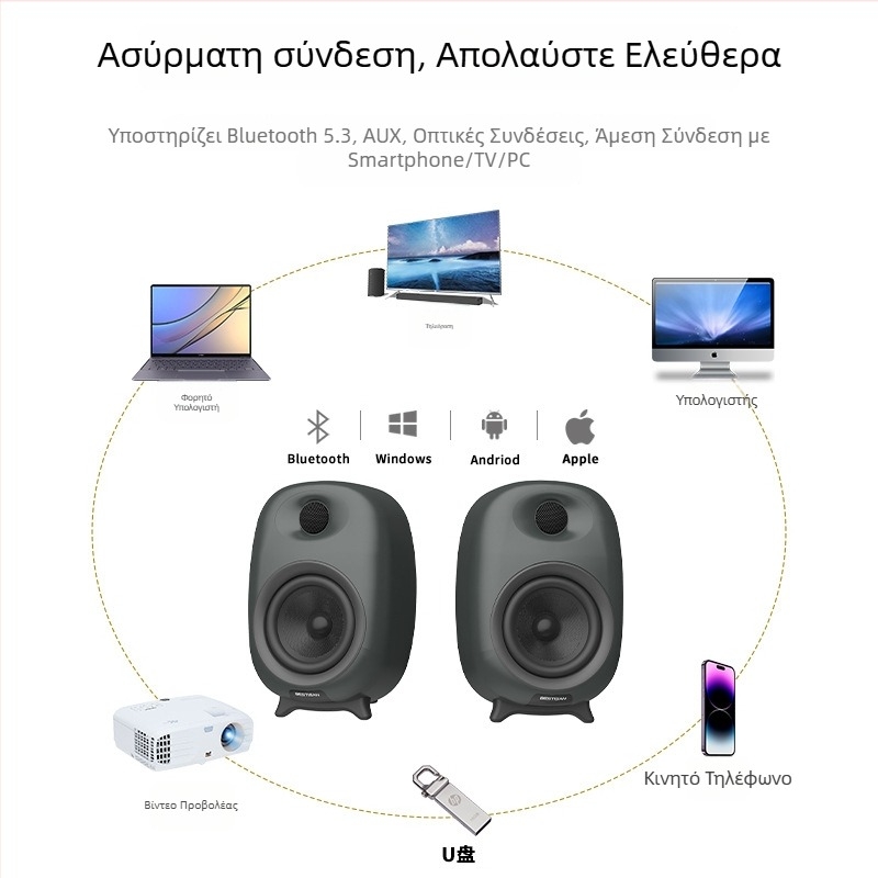 Επιτραπέζια ηχεία υπολογιστή με υπογούφερ, Bluetooth 5.3, 60W, 4 ηχεία, 40 Hz–20 kHz, SNR ≥85 dB